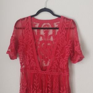 Red Lace V-Neck Women's Dress